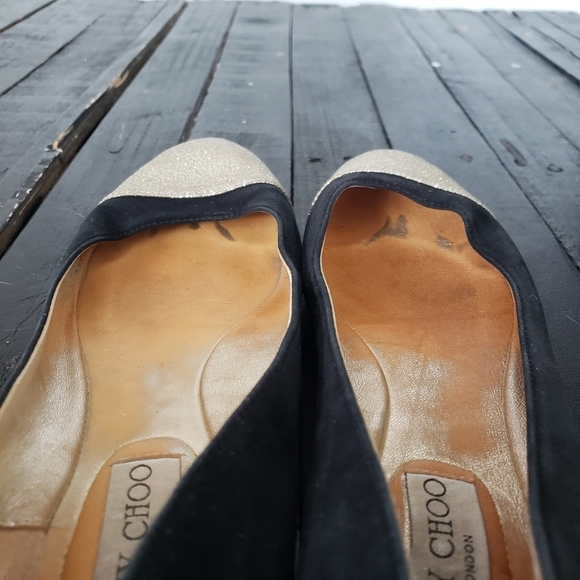 Jimmy Choo Gaze Black Suede Ballet Flats Gold Toe Slip On Shoes Women's 37.5 - Picture 5 of 8